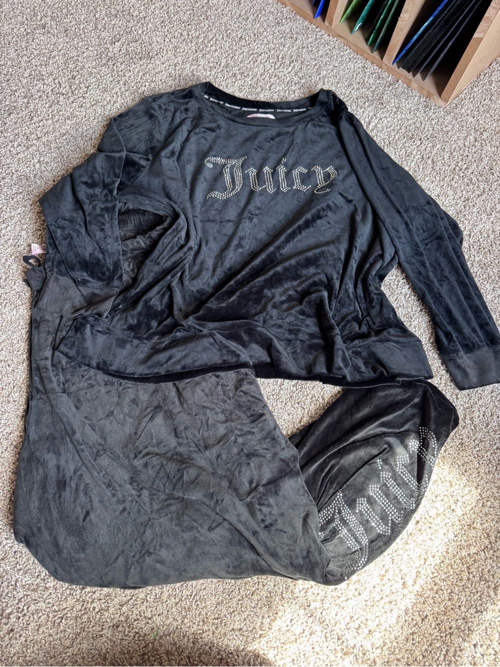 Juicy Couture womens Black Velour Pajama Set with Rhinestone Logo